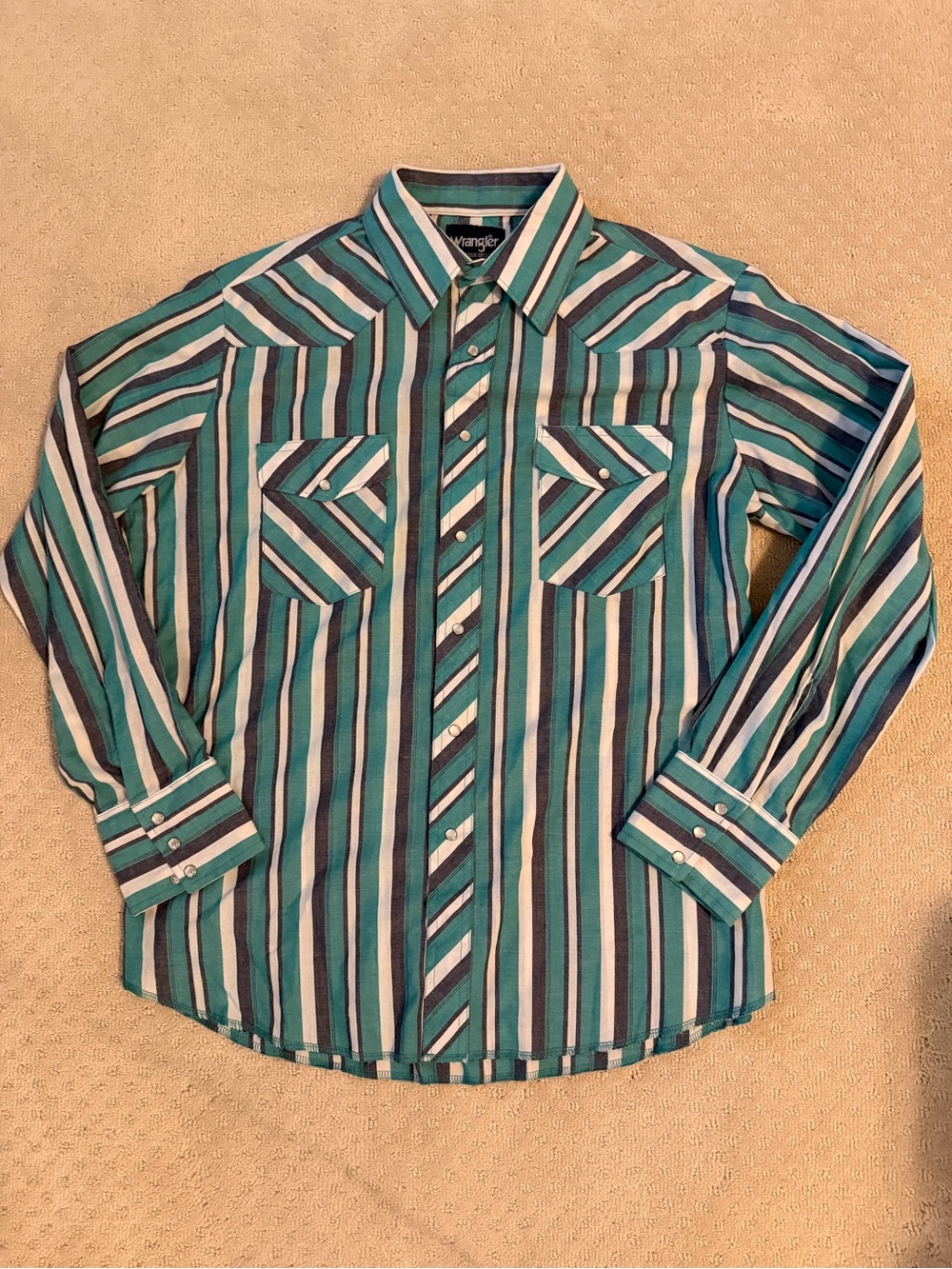 VTG Wrangler Pearl Snap Size L Teal/Navy/White Stripe Shirt Western Long Sleeve